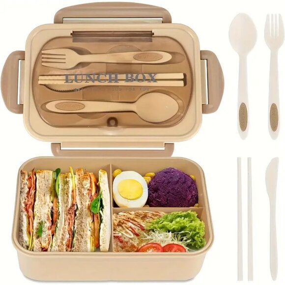 Leak-Proof Bento Box 40.58 Oz BPA Free Cutlery Set 3 Compartments Microwave Safe - Picture 3 of 8